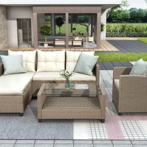 Outdoor Furniture | U-STYLE 4 Pieces Outdoor Ratten Furniture Set, Including 2-Seat Sofa, Lounge Sofa, Armchair, and Coffee Table, for Garden, Terrace, Porch, Poolside, Beach – Beige Furniture Beige