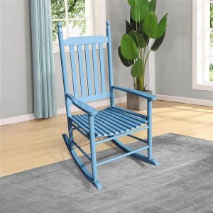 Outdoor Furniture | Wooden Rocking Chair with Armrests and Slats Support, for Garden, Terrace, Porch, Poolside, Beach – Blue Furniture Blue