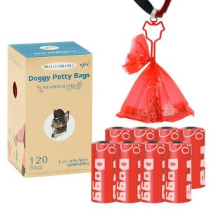 Pet Supplies | Pet Garbage Bag Thickened Dog Poop Bags with Hands-Free Clip, EPI Degradable Pet Waste Bags, 8 Rolls 120 Counts – Red Pet Supplies Pet Supplies