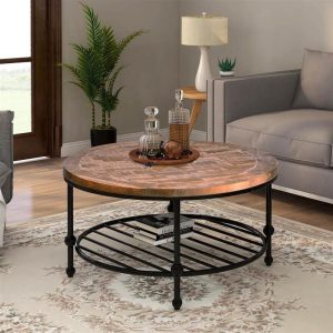 Tables | TREXM 35″ Round Rustic Natural Coffee Table with Storage Shelf, for Kitchen, Restaurant, Office, Living Room, Cafe – Brown Furniture Brown