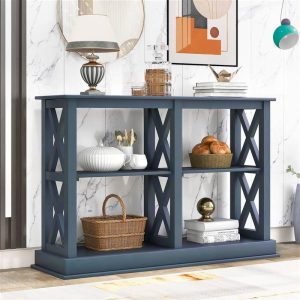 Tables | TREXM 46″ Wooden Console Table with 3-Layer Open Storage Shelves, for Entrance, Hallway, Dining Room, Kitchen – Navy Furniture Navy