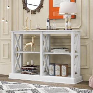 Tables | TREXM 46″ Wooden Console Table with 3-Layer Open Storage Shelves, for Entrance, Hallway, Dining Room, Kitchen – White Furniture Tables