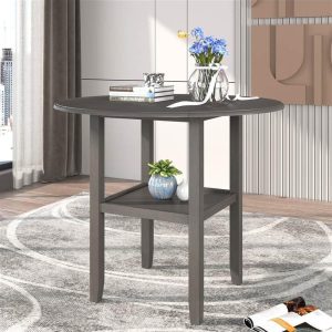 Tables | TREXM Farmhouse Round Counter Height Folding Dining Table with Wooden Frame and Storage Shelf, for Restaurant, Cafe, Tavern, Living Room – Gray Furniture Gray