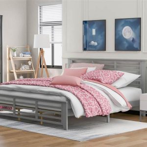 Tools & Home Improvement | King-Size Wooden Platform Bed Frame with Hollow Shape Horizontal Strip and Wooden Slats Support – Gray Smart Home & Garden Gray