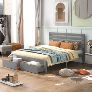 Tools & Home Improvement | Queen Size Wooden Platform Bed Frame with 2 Storage Drawers – Gray Smart Home & Garden Gray