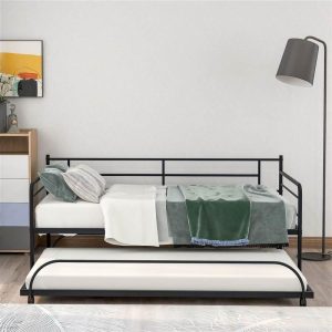 Tools & Home Improvement | Twin Size Metal Daybed Frame with Trundle Bed and Metal Slats Support, No Need for Spring Box, for Living Room, Bedroom, Office, Apartment – Black Smart Home & Garden Black