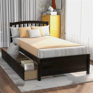 Tools & Home Improvement | Twin Size Wooden Platform Bed Frame with 2 Storage Drawers, and Wooden Slats Support, No Spring Box Required (Frame Only) – Espresso Smart Home & Garden Espresso