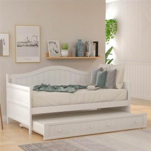 Tools & Home Improvement | Twin-Size Wooden Platform Daybed Frame with Trundle Bed and Wooden Slats Support – White Smart Home & Garden Tools & Home Improvement