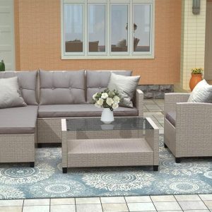 Outdoor Furniture | U-STYLE 4 Pieces Outdoor Ratten Furniture Set, Including 2-Seat Sofa, Lounge Sofa, Armchair, and Coffee Table, for Garden, Terrace, Porch, Poolside, Beach – Gray Furniture Gray