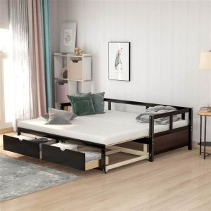 Tools & Home Improvement | 78.2″ Twin Size Wooden Daybed with Trundle Bed and 2 Storage Drawers, No Need for Spring Box, for Living Room, Bedroom, Office, Apartment – Espresso Smart Home & Garden Espresso