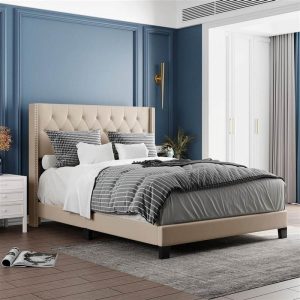 Beds & Accessories | Queen Size Linen Fabric Upholstered Platform Bed Frame with Headboard and Wooden Slats Support, Box Spring Needed (Only Frame) – Beige Beds & Accessories Beds & Accessories