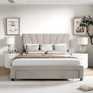 Beds & Accessories | Queen-Size Velvet Upholstered Platform Bed Frame with Storage Drawer and Wooden Slat Support – Beige Beds & Accessories Beds & Accessories