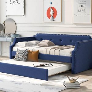 Beds & Accessories | Twin Size Linen Upholstered Daybed with Trundle Bed, and Wooden Slats Support, Space-saving Design, No Box Spring Needed – Blue Beds & Accessories Beds & Accessories