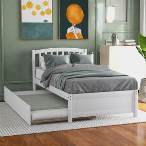 Beds & Accessories | Twin Size Wooden Platform Bed Frame with Trundle Bed, and Wooden Slats Support, No Spring Box Required (Frame Only) – White Beds & Accessories Beds & Accessories