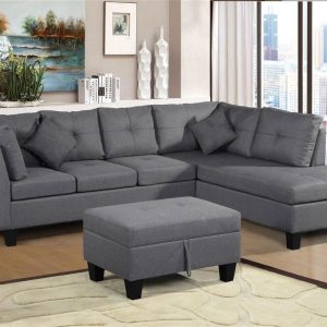 Furniture | 105.1″ Linen Fabric Upholstered Sofa Set, with Right Hand Chaise, and Storage Ottoman, for Living Room, Bedroom, Office, Apartment – Gray Furniture Furniture